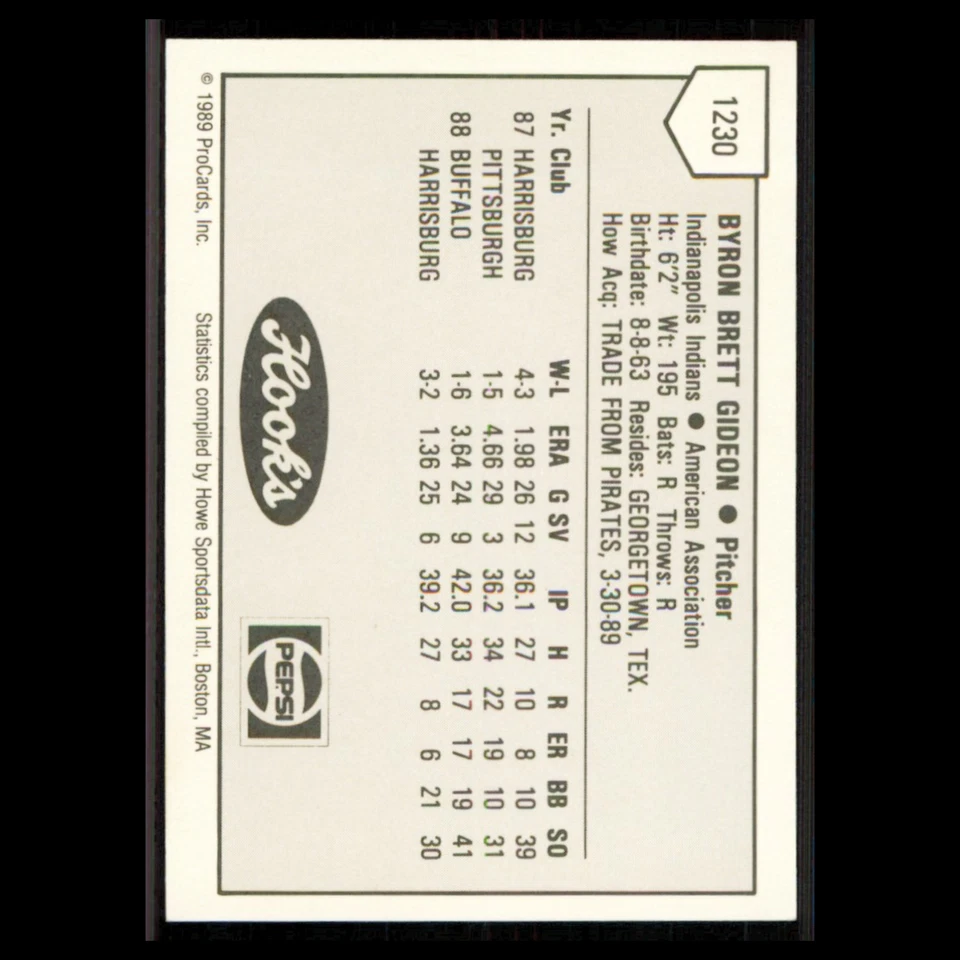 Brett Gideon #1230 1989 ProCards Minor League Team Sets Indianapolis Indians MLB - Image 2 of 3