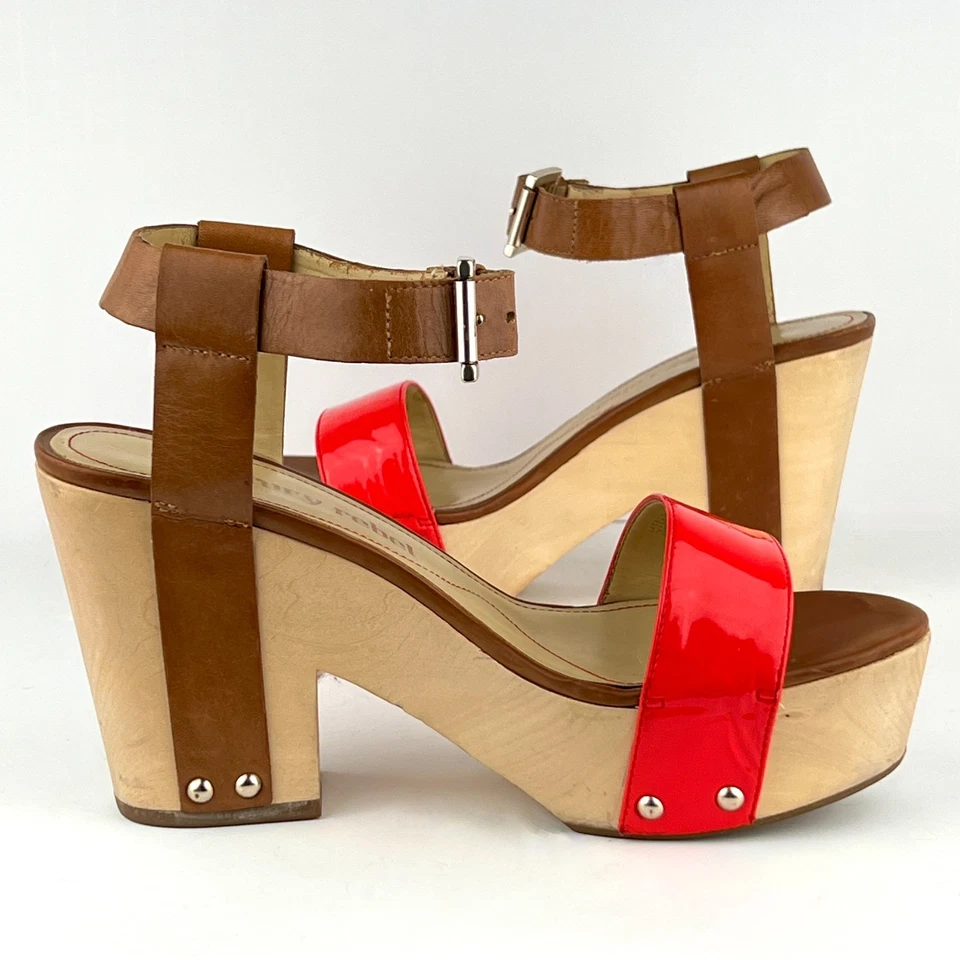 Luxury Rebel Fern Neon Coral Red Patent Leather 6.5-7/37.5 Wood Platform Sandal - Image 2 of 4