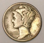 1941 D Mercury Winged Head Dime 10 Cents Silver Coin F