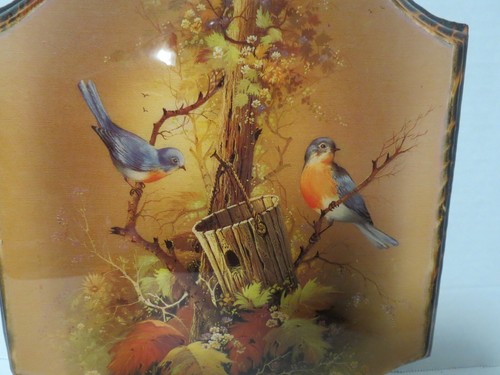 Vintage 1970s Handmade Wood Laquered Wall Plaque Blue Birds Tree 11.5"T x 8"W - Picture 3 of 13