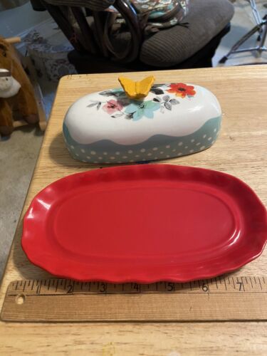 Kitchen Decor Pioneer Woman Butter Dish Red Flea Market Floral W/ Butterfly Lid - Picture 2 of 11