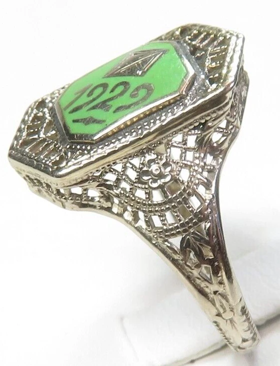Antique 1929 Enamel Class School Ring Filigree 14K White Gold Size 5.25 UK-K - Image 4 of 4
