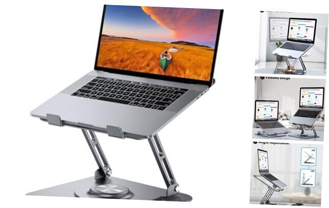 Laptop Stand for Desk, Adjustable Computer Stand with 360° Rotating Base, Grey