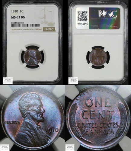 1910 Lincoln Wheat Copper Cent 1C NGC MS 63 BN (TONED!!!)