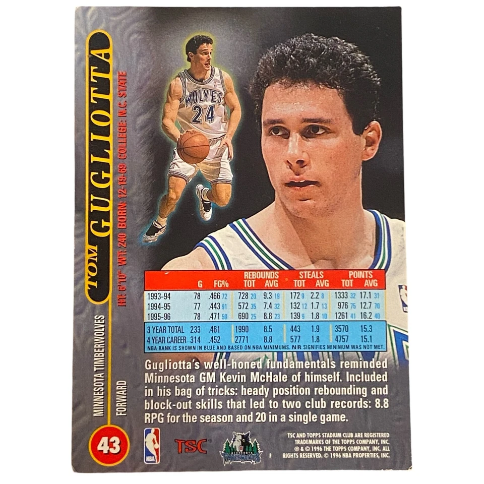 1996-97 Stadium Club #43 Tom Gugliotta MINNESOTA TIMBERWOLVES -- VG-EX - Image 2 of 2