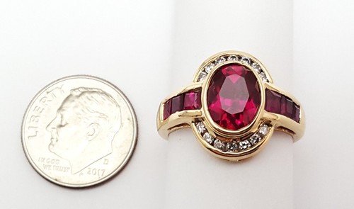 Unique 14K Karat Solid Yellow Gold Designer Synthetic Ruby & Round Diamond Ring - Picture 17 of 19