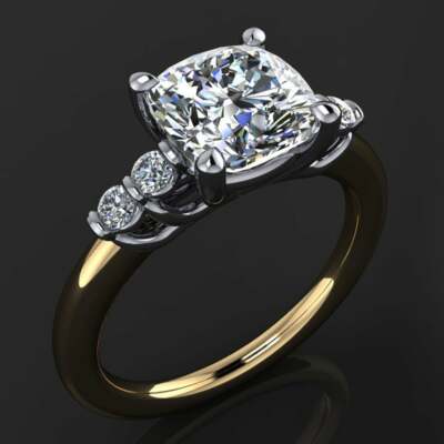  14K Yellow Gold Plated 2 Ct Cushion White Moissanite Two Toned Engagement Ring 