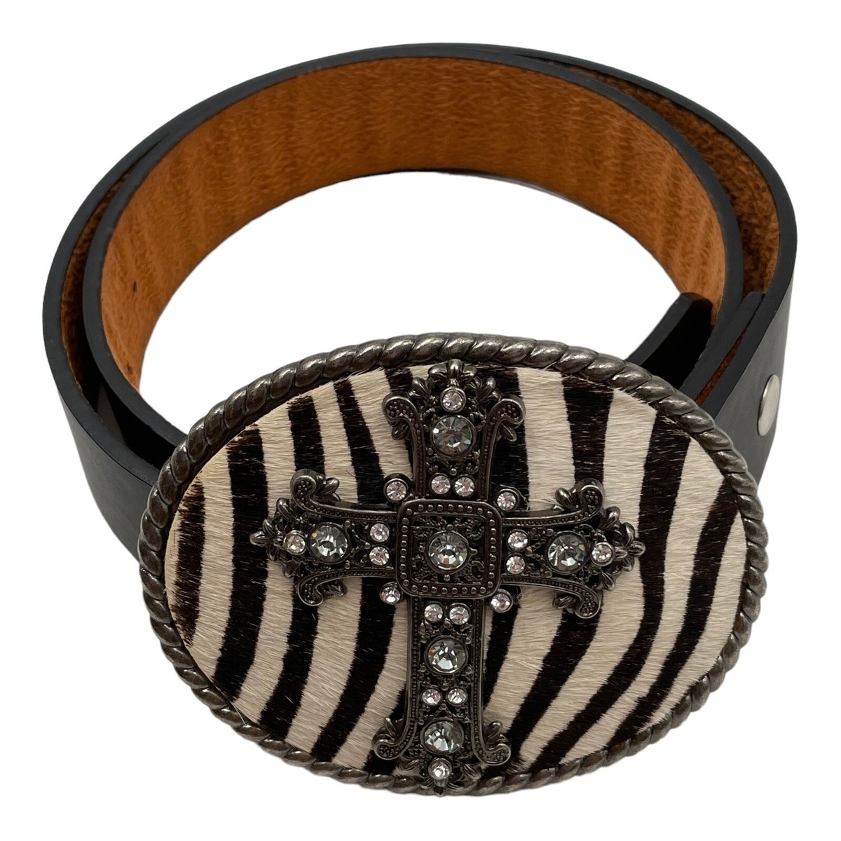 Black Leather Belt Buckle Zebra Calf Hair Rhinestone  display picture 2