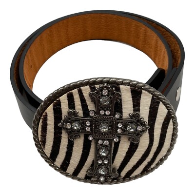 Black Leather Belt Buckle Zebra Calf Hair Rhinestone 