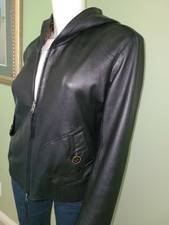 June Hooded Black Leather Moto Jacket W/long Knit-cuff Sleeves Size L