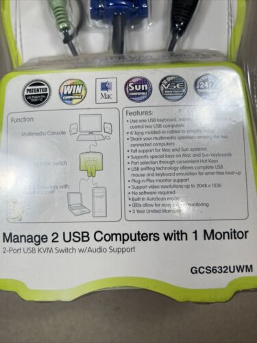 NEW IOGEAR GCS632U 2-Port USB KVM Switch w/ Audio for Windows Mac Sun - Picture 3 of 6