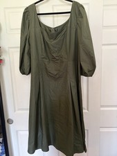 SHEIN Olive Green Midi Puff Sleeve Scoop Neck A-Line Dress 3/4 Sleeve 4XL