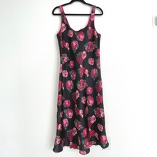 Cruz Vintage Floral Satin Midi Slip Dress Black Pink Rose Size M Sleeveless