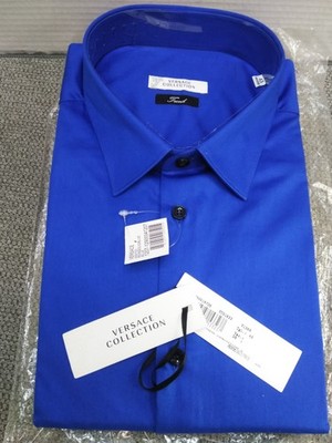 NEW Versace Collection Dress Shirt Men LARGE Blue Trend Button Up Long Sleeve XL