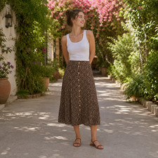 Vtg 90s Necessary Objects Brown White Ditsy Floral Midi Button Up Skirt USA