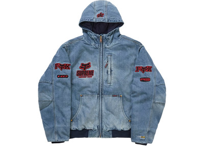 Supreme Fox Racing Hooded Work Jacket Denim Blue Size Large Brand New