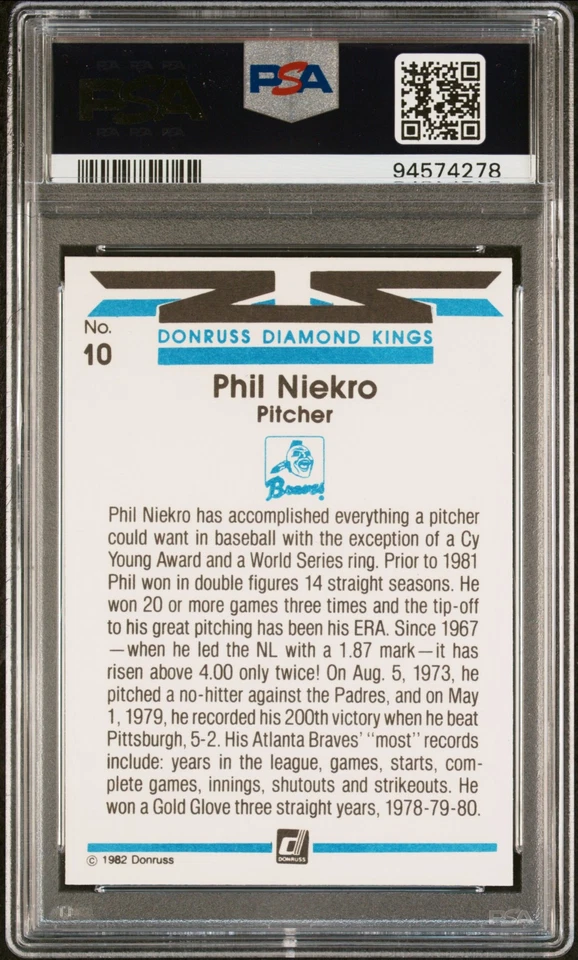 Donruss Diamond Kings #10 1982 Phil Niekro Braves Salón de la fama PSA 10 GM Como nuevo Foto 2 de 2