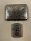 Vintage Sterling Silver Cigarette Case & Lighter With Matching Engraved Scenes