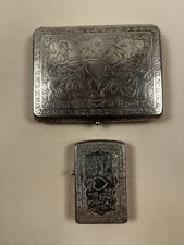 Vintage Sterling Silver Cigarette Case & Lighter With Matching Engraved Scenes