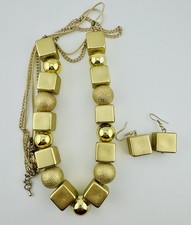 Gold Tone Jewelry Set Chunky Statement Necklace  Earrings Shiny Matte Textured