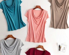 Women Mulberry Silk Tee Shirts Knit Silk Swing Neck Pullover Short Sleeve Blouse