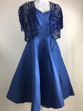 ABITO DA FESTA VINTAGE ANNI 50 EDWARD ABBOTT BLU TULLE paillettes spalle scoperte TG XS-S