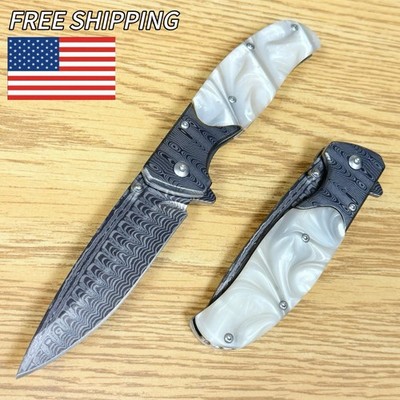 8.5'' Damascus Marble White Gary Spring Assisted Folding Pocket Knife Open Blade