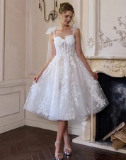 Boho Sweet Tulle Straps A-Line Flowers Wedding Dress Tra-length Bridal Gowns