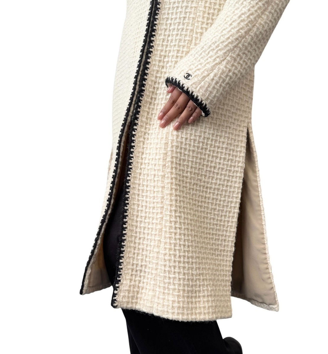 CHANEL Vintage 00A CC Logo Tweed Long Coat Fur Jacket #38 Zip