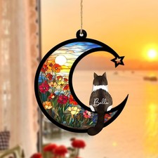 Custom Cat Memorial Suncatcher, Engraved Cat Lovers, Couple Cat On Moon Loss