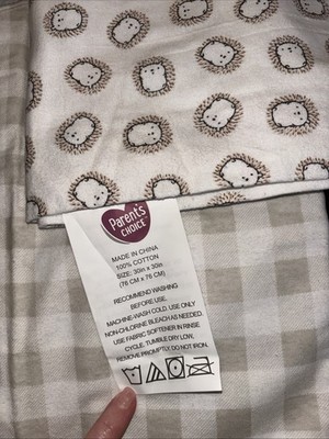 2 Parent's Choice Baby Receiving Blankets Plaid Hedgehog White Flannel Porcupine