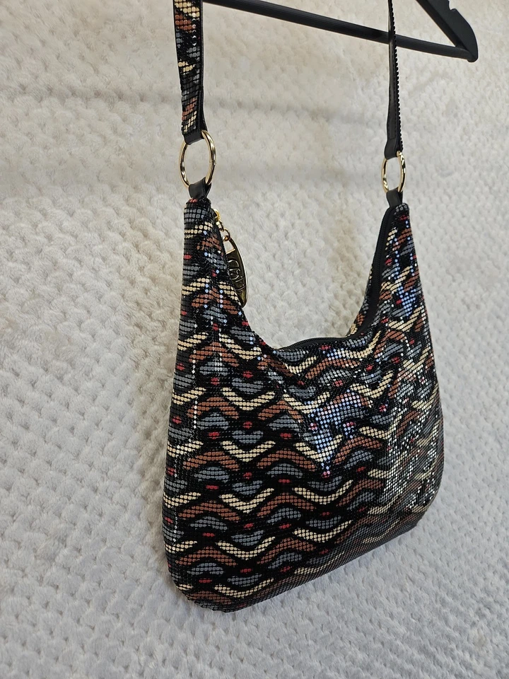 Bolsa de ombro Whiting & Davis malha de metal zíper multicolorida bolsa de pó muito limpa em excelente estado usado - Imagem 3 de 4