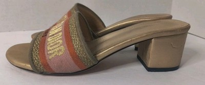 CHRISTIAN DIOR DWAY Heeled Slide Gold Tone Cotton Embroidered Sz 38 Sandals