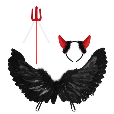 43''x13'' Black Feather Angel Wings w/Devil Wand Adult Costume Props Halloween