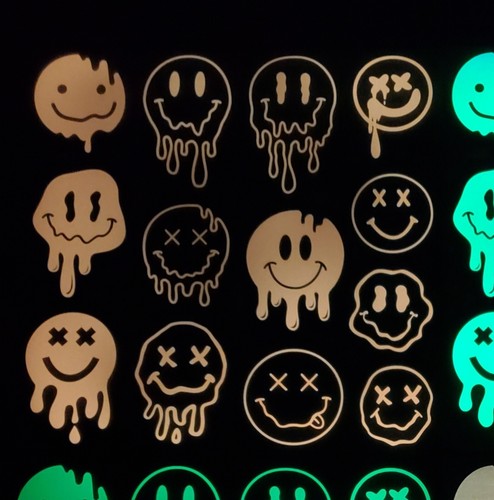 Glow In The Dark Vinyl Decal Smiley Face Drip Effect Lit Studio Decor Full Sheet - Picture 7 of 46