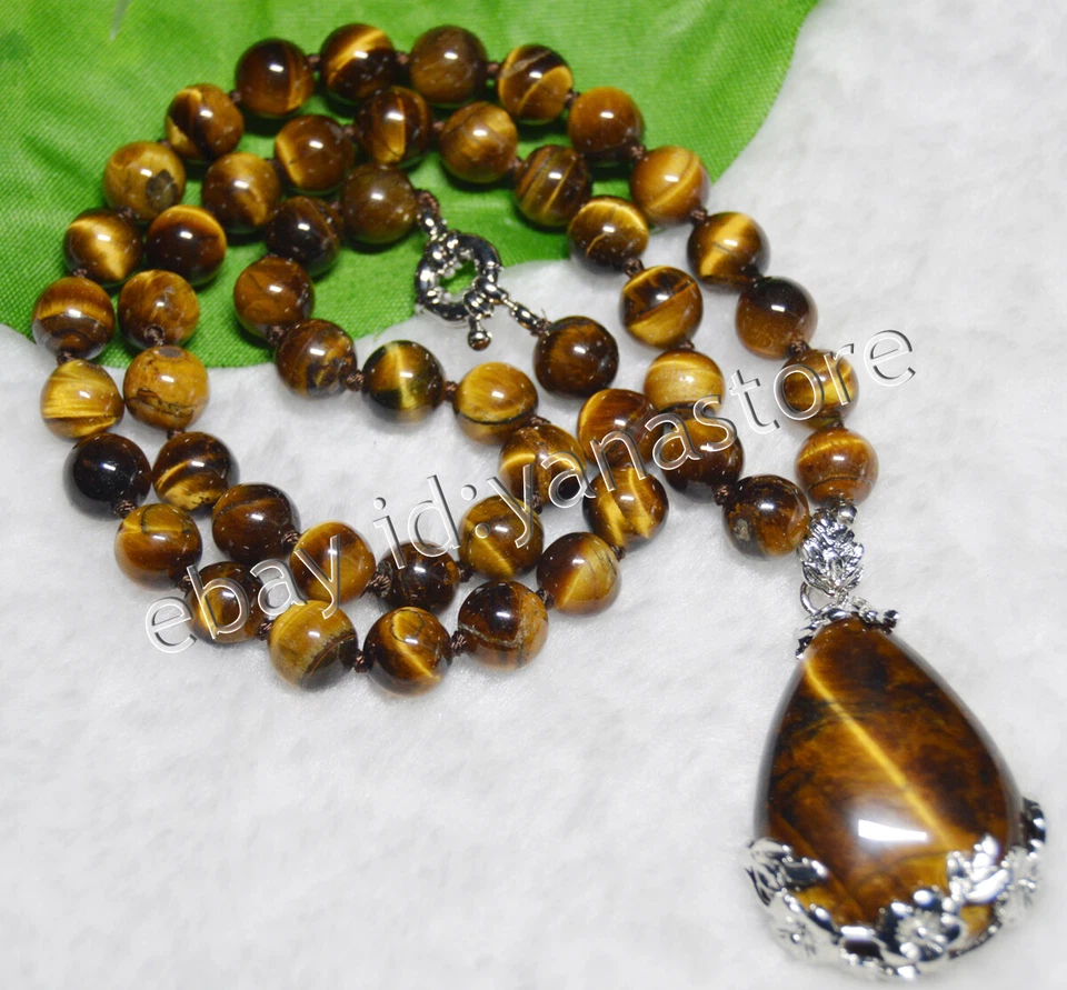 Echte Gelb Tigerauge Edelstein Runde Perlen Halskette Drop Anhänger 16-28"6-12mm - Bild 2 von 4