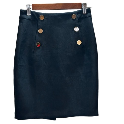 H&M Womens Size 2 Pencil Skirt Black Gold Buttons Above Knee Slit New