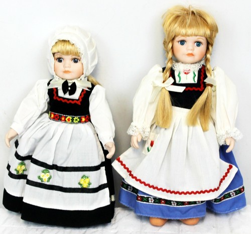 2 Royalton Porcelain Dolls Little Dutch Norway Girl Julia Hannah 10" tall Native - Bild 1 von 8