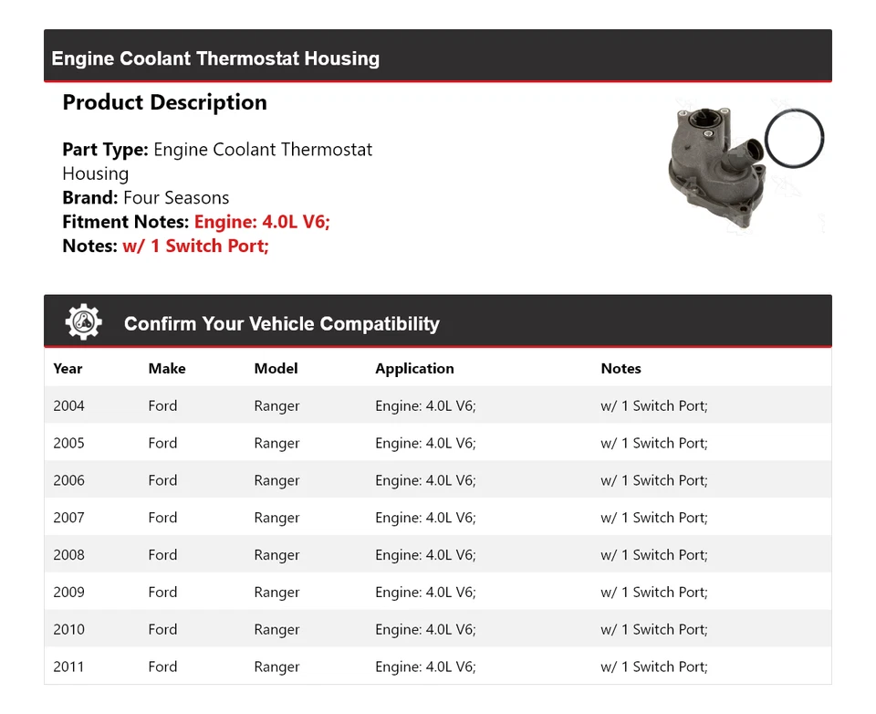 Para 2004-2011 Ford Ranger 4.0L V6 motor líquido de arrefecimento termostato carcaça 4 estações - Imagem 2 de 4