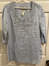 Linen Tunic Shirt w/Embroidered V Neck Women’s Sz L Malvin Germany