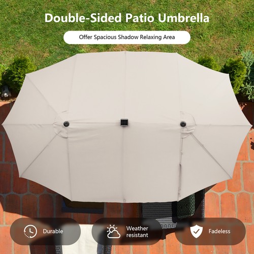 15FT Twin Patio Double-Sided Umbrella 48 Solar LED Lights Crank Outdoor - Picture 6 of 32
