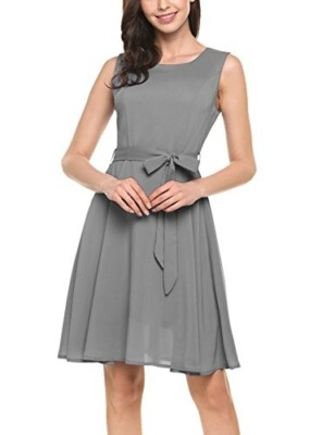 Women's Boat Neck Sleeveless A-Line Pleated Gray Dress with Belt -Size  Small