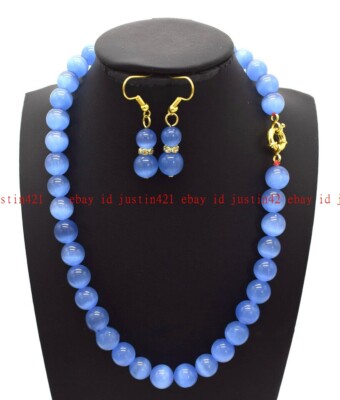 6/8/10/12 mm Natürlicher Blau Opal Katzenauge Runde Perlen Edelsteine Halskette Ohrringe 20 Zoll