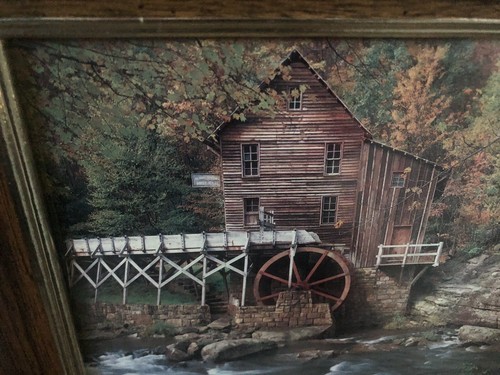 Vintage Old Grist Mill Photo Landscape Fall Colors Stream Wooden Frame 10X12 80s - Picture 2 of 18