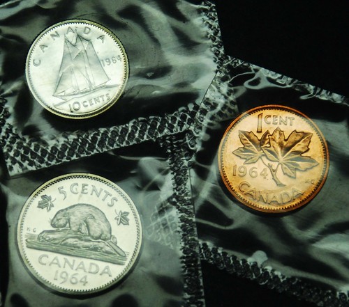 1964 10¢ silver proof like, 5¢, 1¢ coin from the set in mint cellophane BU