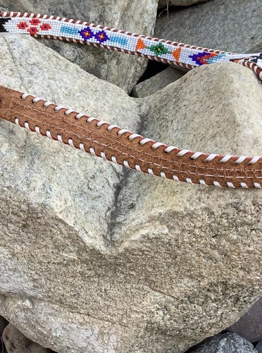 Vintage Western Beaded Thunderbird Arrows Brown Leather Skinny Belt Size 33 - Picture 10 of 15