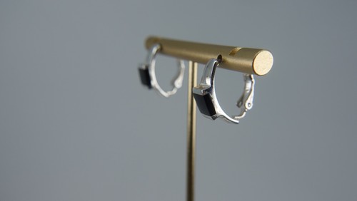 Sterling Silver 925 and Black Onyx Huggie Earrings - Picture 4 of 5