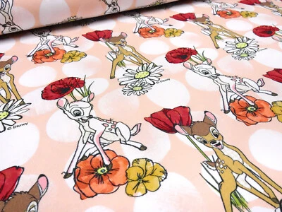 Stoff Baumwolle Jersey Disney Bambi Rehkitz Punkte apriko weiß bunt Kinderstoff
