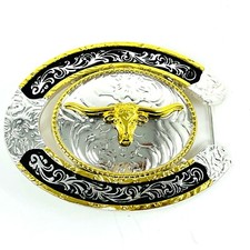 Large Belt buckle long horn bull head in gold 4x3 inches