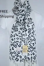 Women's Pashmina Scarf Shawl,Cheetah Leopard Print,Black White Silk.Cashmere